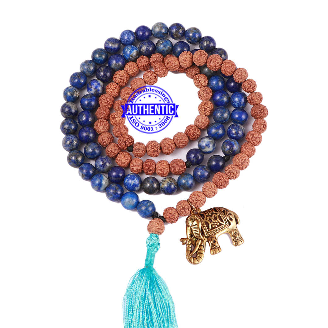 Lapis Lazuli Stone + Rudraksha Mala with Elephant Accessory