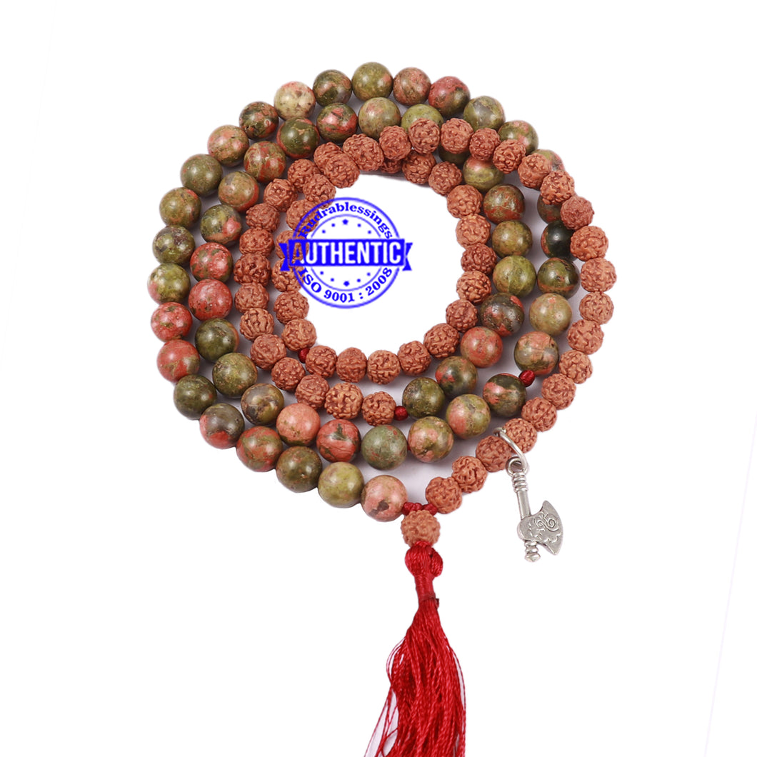 Unakite Stone + Rudraksha Mala with Axe accessory