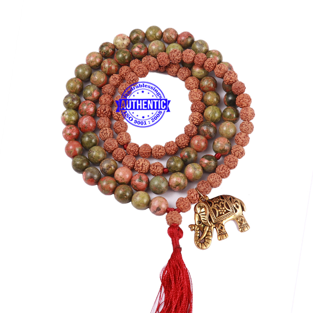 Unakite Stone + Rudraksha Mala with Elephant accessory