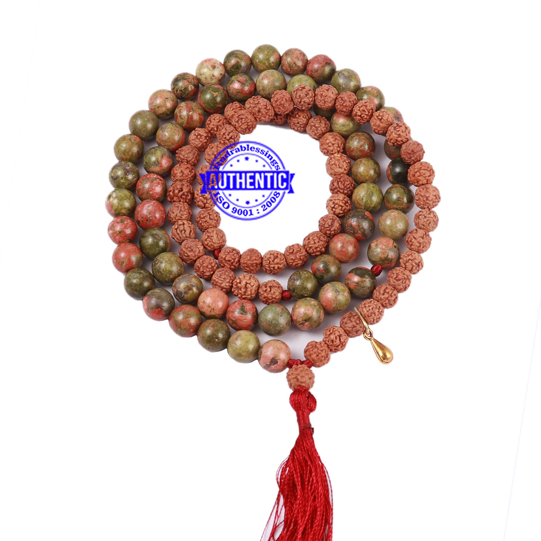 Unakite Stone + Rudraksha Mala with Gada accessory