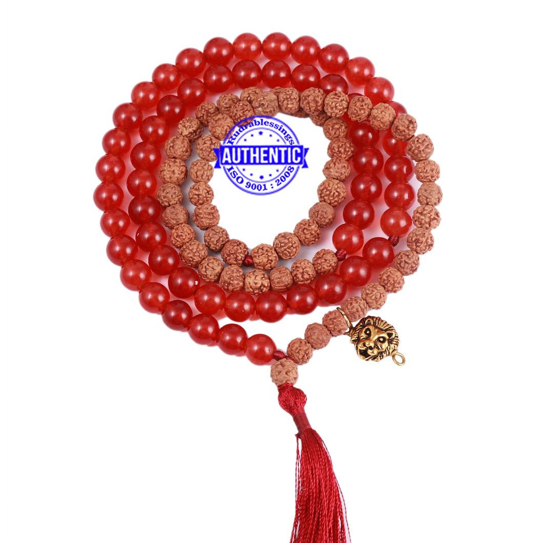 Red Aventurine Stone + Rudraksha Mala with Lion accessory