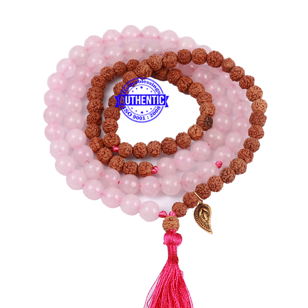 Rose Quartz Stone + Rudraksha Mala with Belpatra accessory