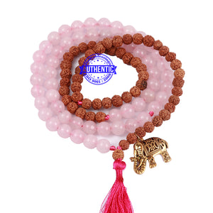 Rose Quartz Stone + Rudraksha Mala with Elephant accessory